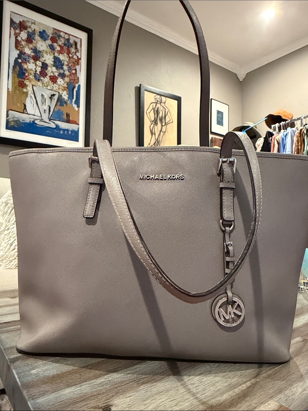 Michael Kors Gray Saffiano Leather Tote with MK Charm